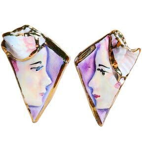 Vtg Amy Lacombe Unsigned Wearable Art Clip On Earrings Art Deco Silhouette Face